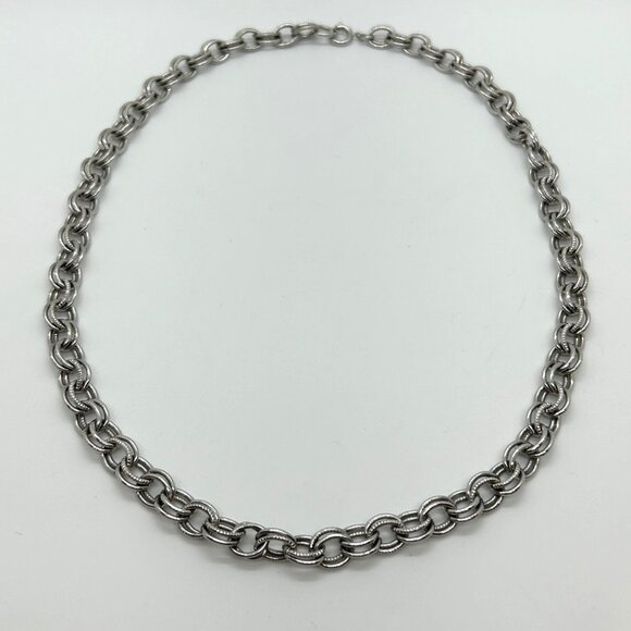 Estate Jewelry - Vintage Chunky Silver-tone Chain Necklace Double Link Statement Chainmaille 20"
